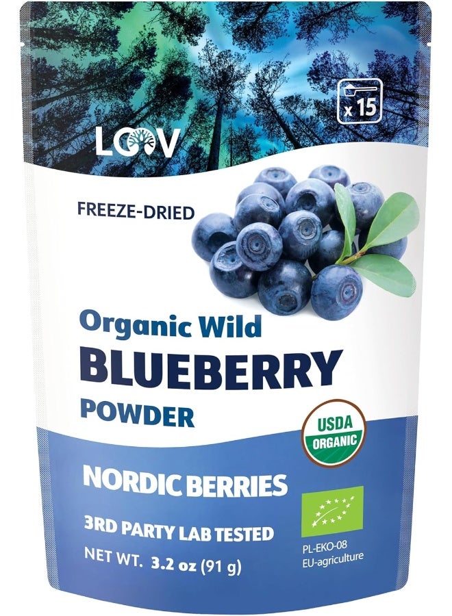 LOOV Wild Blueberry Powder Organic, wild-crafted from Nordic forests, 100% whole bilberry fruit, raw, 18-day supply, 3.2 oz, freeze-dried and powdered wild blueberries, high in anthocyanins, free e-book - Image 1